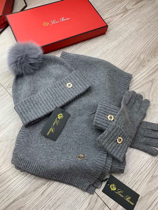 LP Hat Scarf Gloves Set Gray Knit Fur 475086