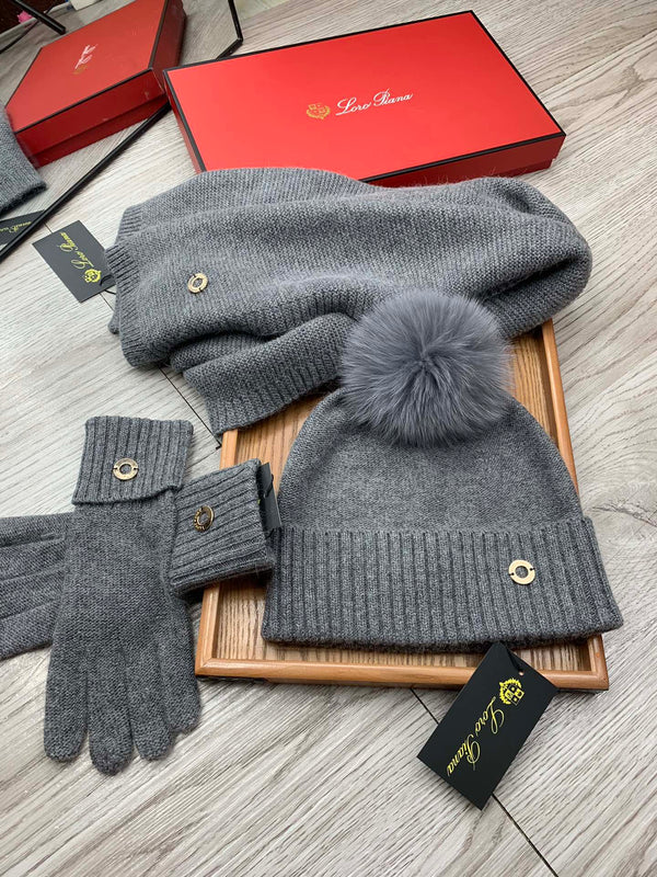 LP Hat Scarf Gloves Set Gray Knit Fur 475086