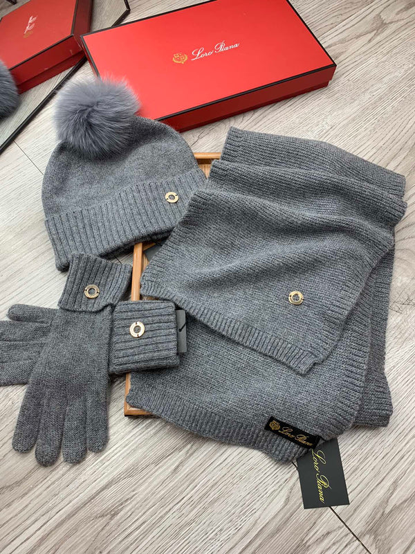 LP Hat Scarf Gloves Set Gray Knit Fur 475086