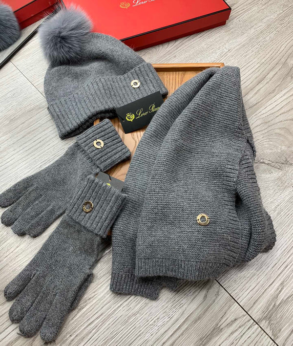 LP Hat Scarf Gloves Set Gray Knit Fur 475086