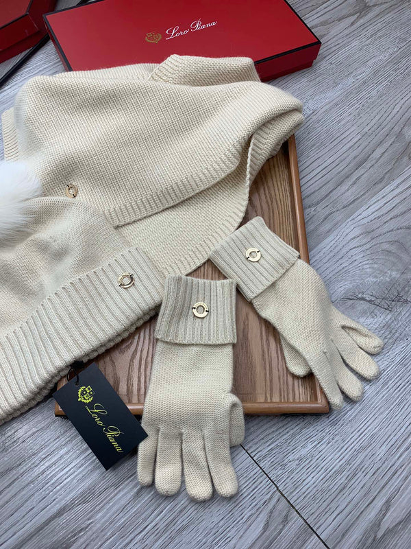 LP Hat Scarf Gloves Set Light Beige Knit Fur 475084