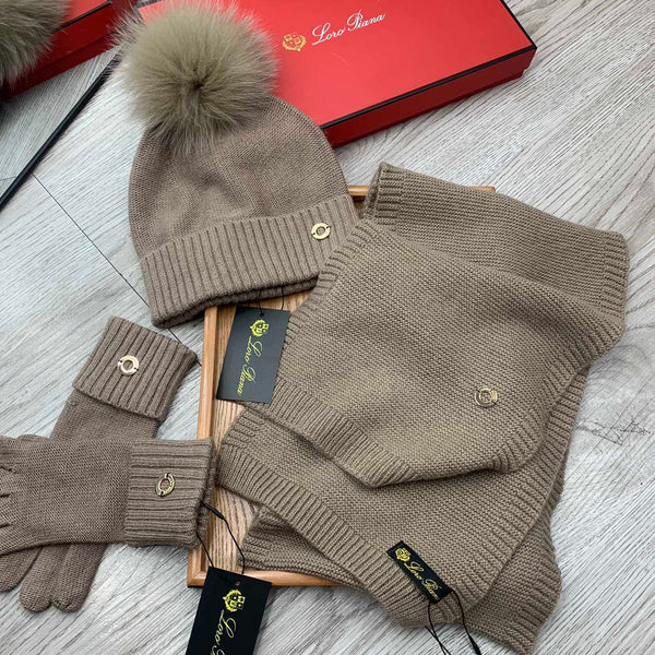 LP Hat Scarf Gloves Set Khaki Knit Fur 475083