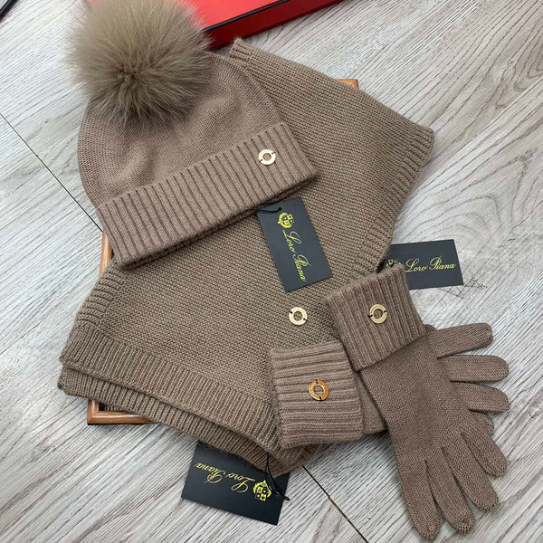 LP Hat Scarf Gloves Set Khaki Knit Fur 475083