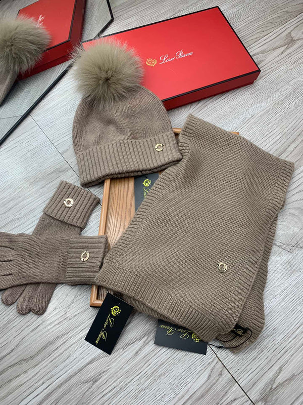 LP Hat Scarf Gloves Set Khaki Knit Fur 475083