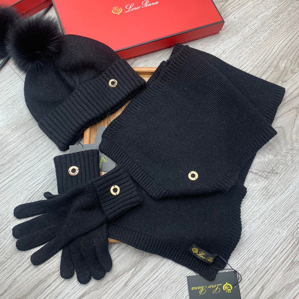 LP Hat Scarf Gloves Set Black Knit Fur 475082