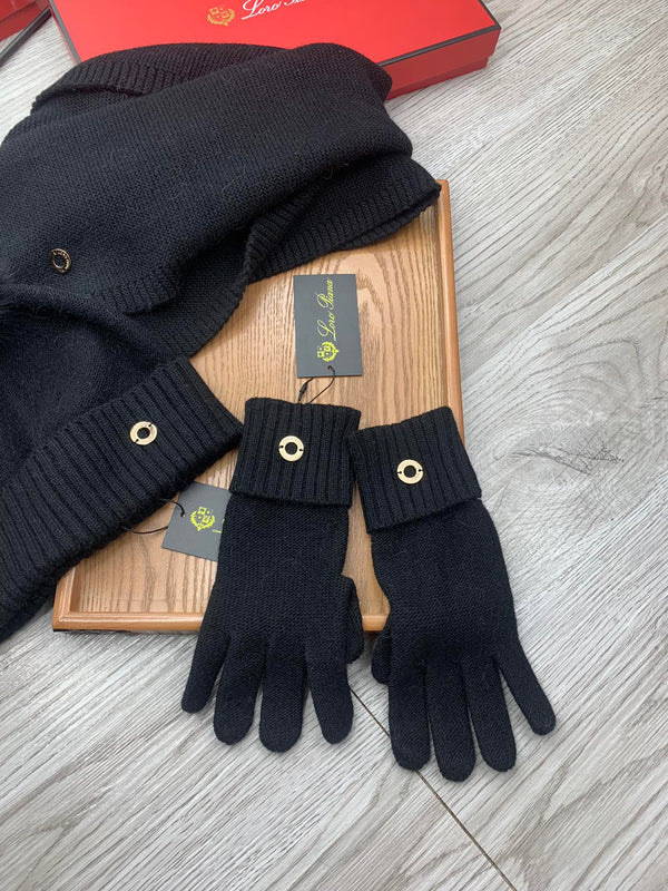 LP Hat Scarf Gloves Set Black Knit Fur 475082