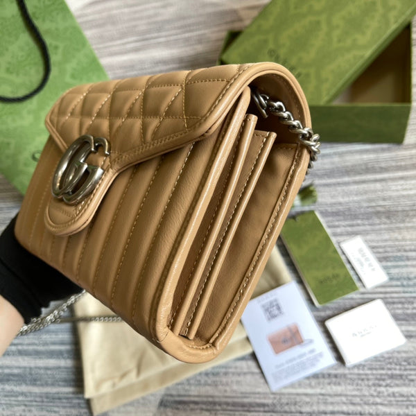 GG MARMONT MINI 20 SHOULDER BAG IN CAMEL BROWN CALFSKIN