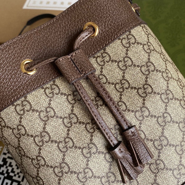 OPHIDIA MEDIUM BUCKET BAG 26 WITH WEB IN BEIGE EBONY CANVAS MIX BROWN CALFSKIN