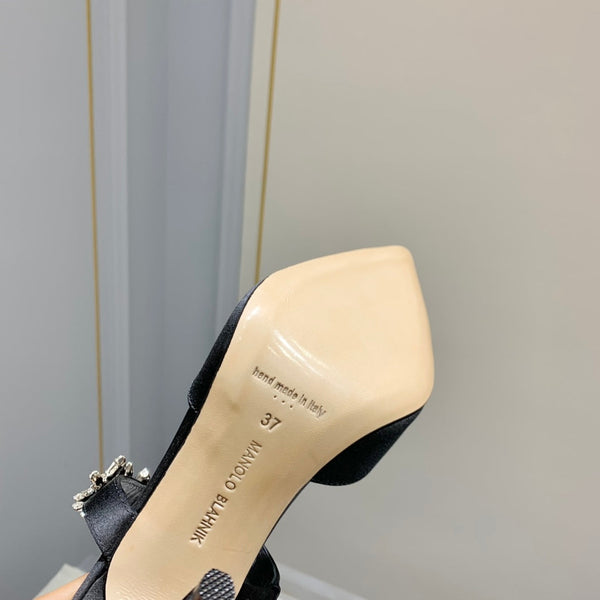 Manolo Mules Crystal Black Silk Satin 219377