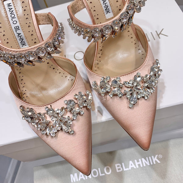 Manolo Mules Crystal Pink Silk Satin 219386