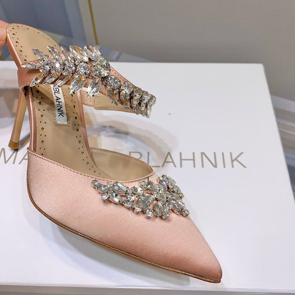 Manolo Mules Crystal Pink Silk Satin 219386