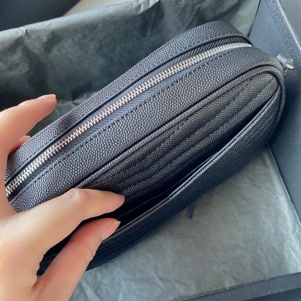 LOU MINI CAMERA BAG 19 IN BLACK CAVIAR PATTERN CALFSKIN SILVER HARDWARE