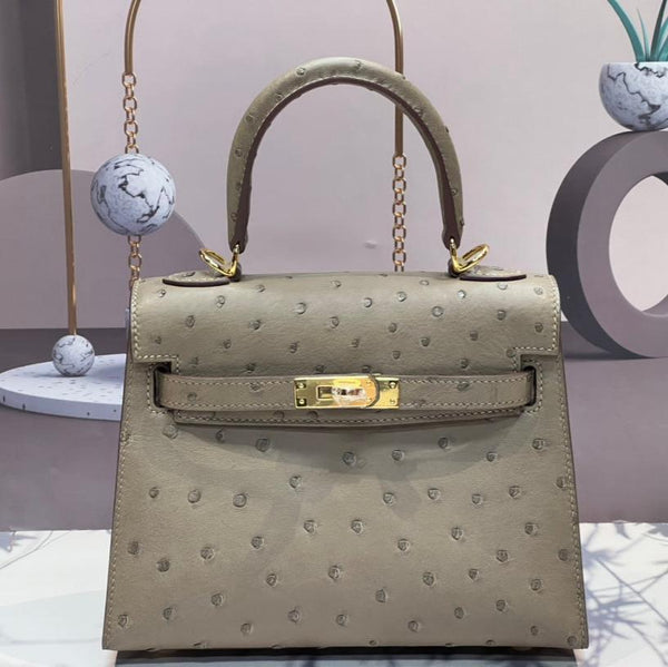 KELLY BAG 20 IN KHAKI BEIGE OSTRICH LEATHER WITH GOLD HARDWARE (MADE - TO - ODER)