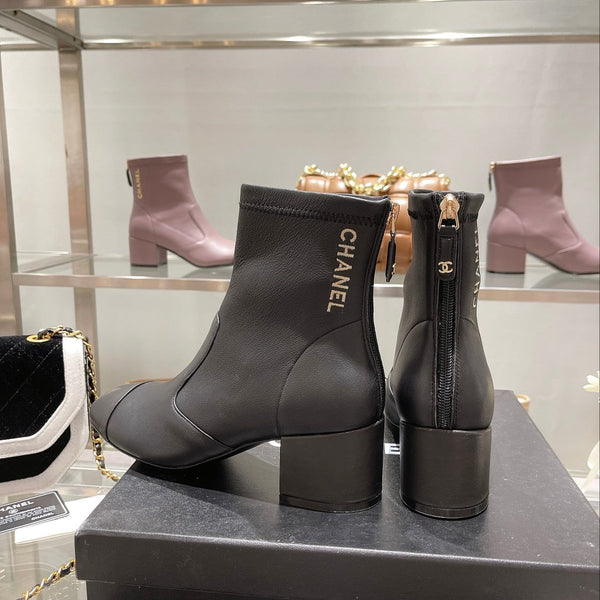 CC 26s Cap-Toe Block-Heel Ankle Boots 5cm Black Leather 966881