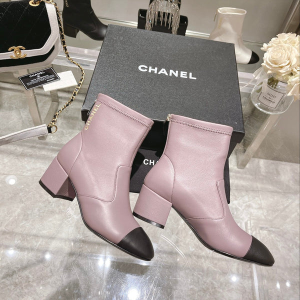 CC 26s Cap-Toe Block-Heel Ankle Boots 5cm Purple Black Leather 966882