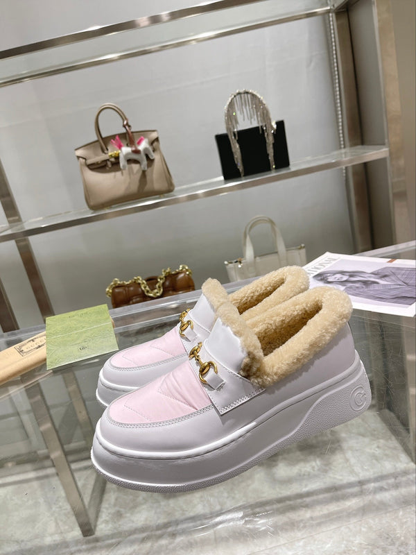 GG Snow Boots White Pink Calfskin Wool 576241