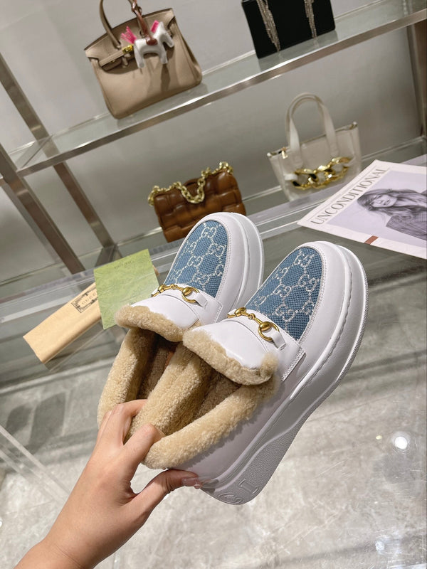 GG Snow Boots White Blue Calfskin Denim Wool 576245