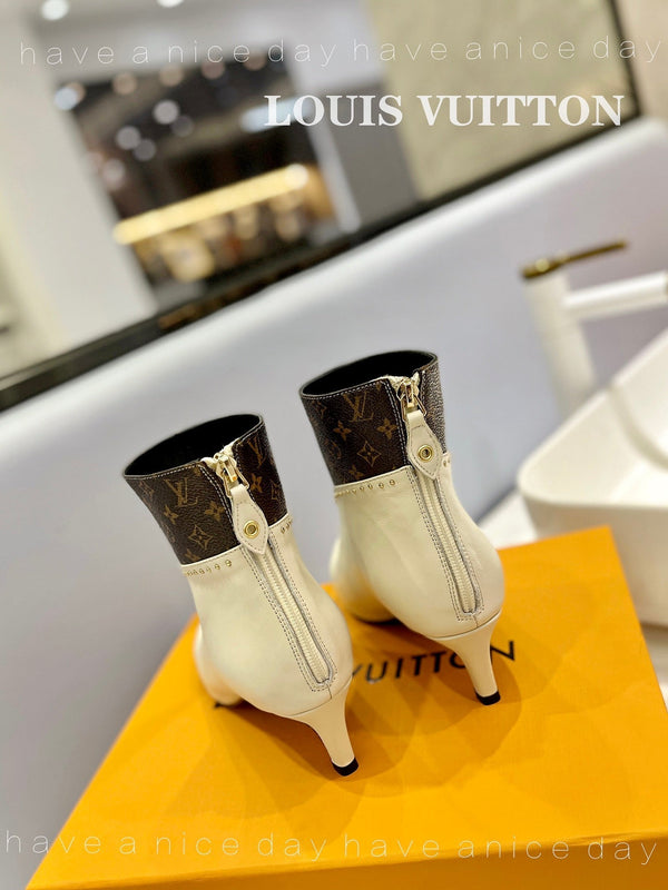 LV Cherie Ankle Boots 4.5cm Cream Calfskin Monogram Canvas