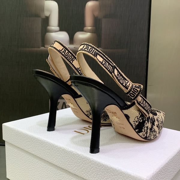 JAdior Slingback Pump 95 Black Embroidered Cotton with Gold-Tone Metallic Thread