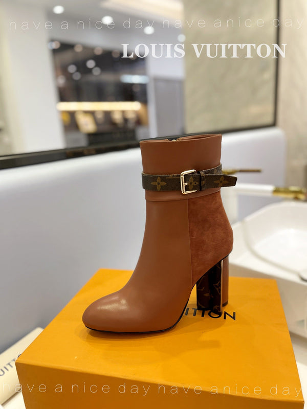 LV 26s Silhouette Ankle Boot 10cm Brown Cowhide Suede & Monogram Canvas 574030