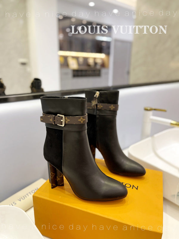 LV 26s Silhouette Ankle Boot 10cm Black Cowhide Suede & Monogram Canvas 574331