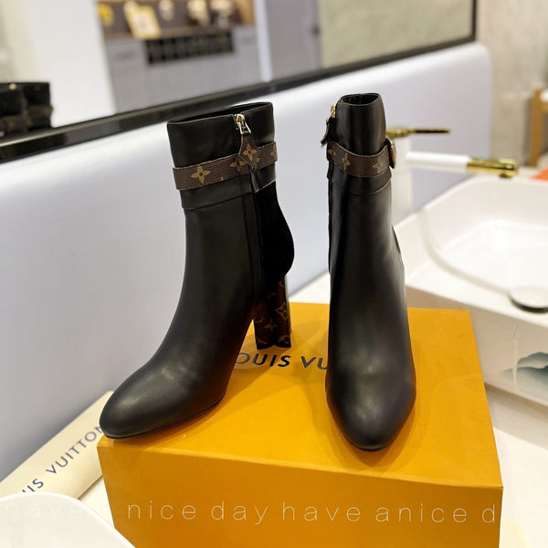 LV 26s Silhouette Ankle Boot 10cm Black Cowhide Suede & Monogram Canvas 574331