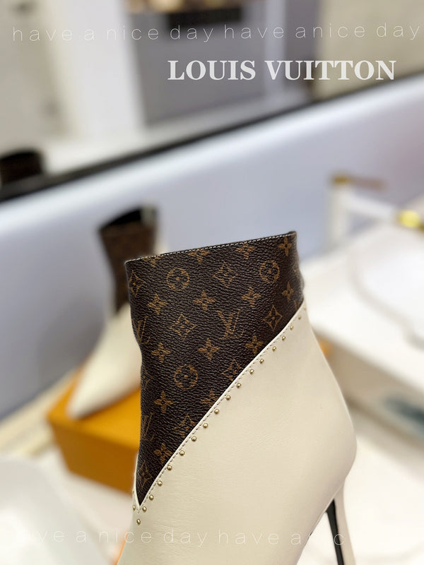 LV Cherie Ankle Boots 9cm Cream Calfskin Monogram Canvas