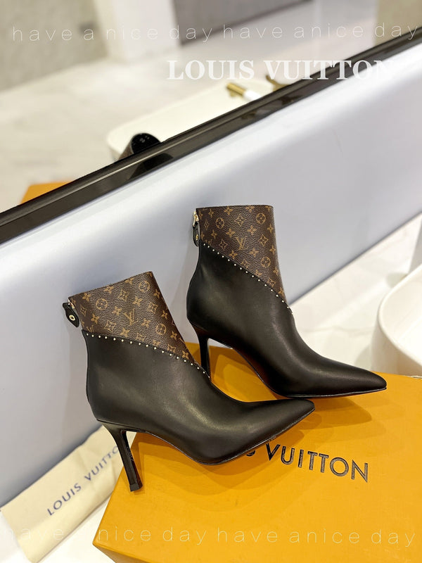 LV Cherie Ankle Boots 9cm Black Calfskin Monogram Canvas