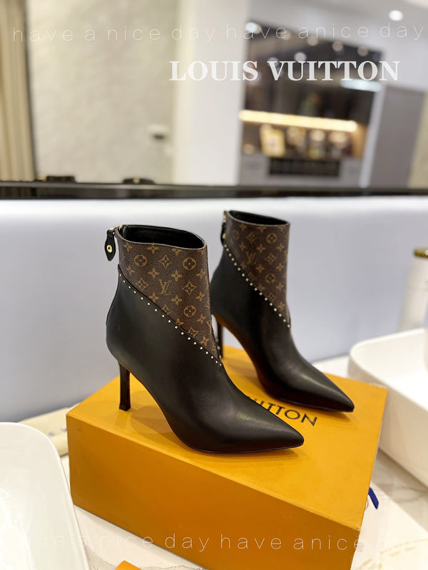 LV Cherie Ankle Boots 9cm Black Calfskin Monogram Canvas