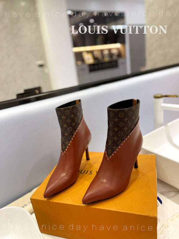 LV Cherie Ankle Boots 9cm Brown Calfskin Monogram Canvas