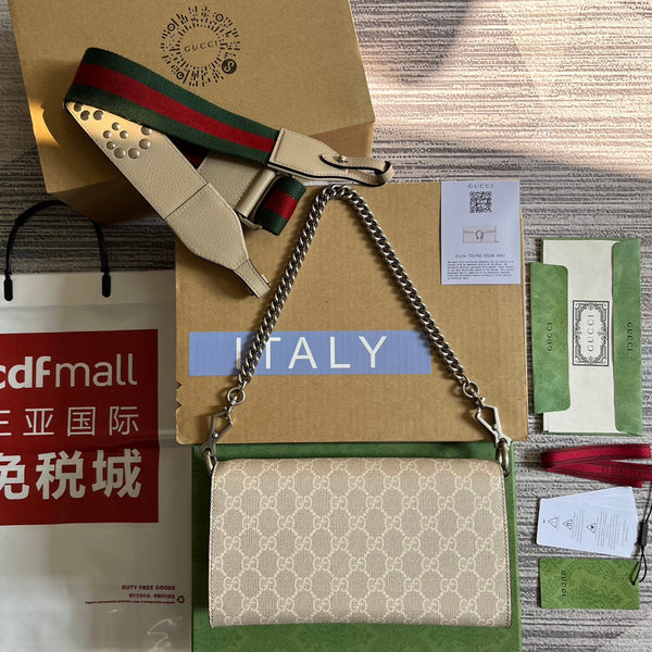 DIONYSUS GG 25 SMALL RECTANGULAR BAG IN BEIGE CANVAS