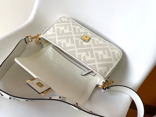 Fend Baguette White Canvas Bag 27 with FF Embroidery Ghw