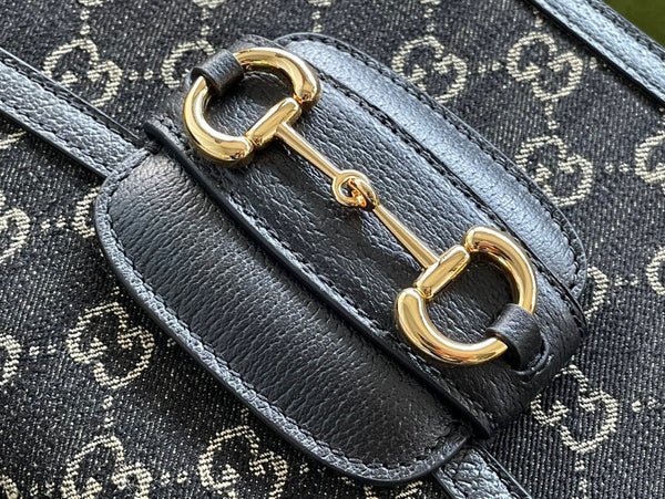 GG HORSEBIT 1955 SADDLE BAG 25 IN BLACK CANVAS AND CALFSKIN