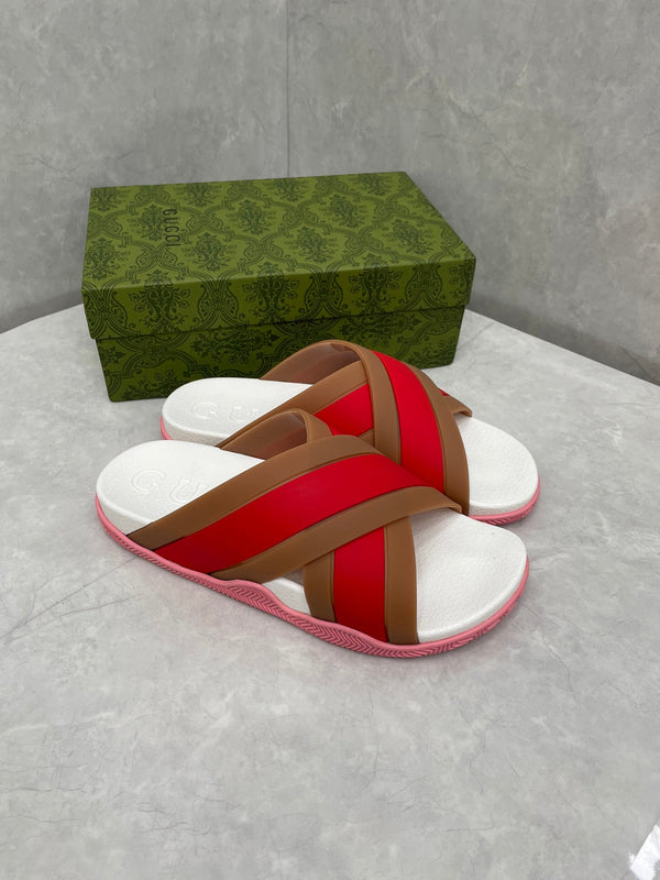 GG Striped Rubber Slides White Red Rubber 788222