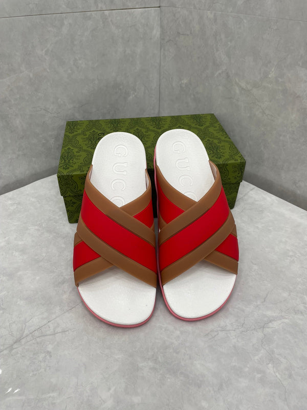 GG Striped Rubber Slides White Red Rubber 788222