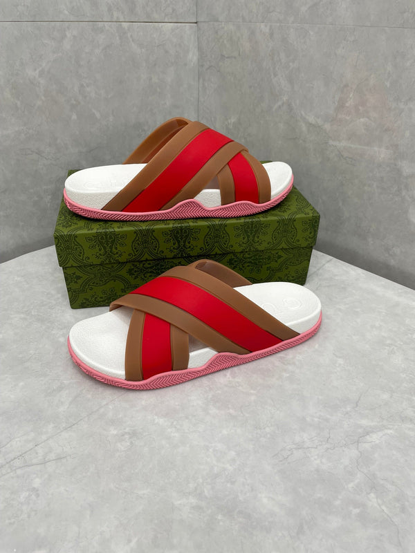 GG Striped Rubber Slides White Red Rubber 788222