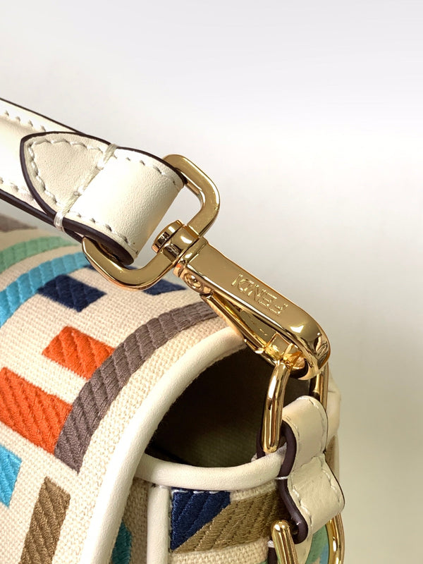 Fend Baguette White and Multicolour Canvas Bag 27 with FF Embroidery Ghw