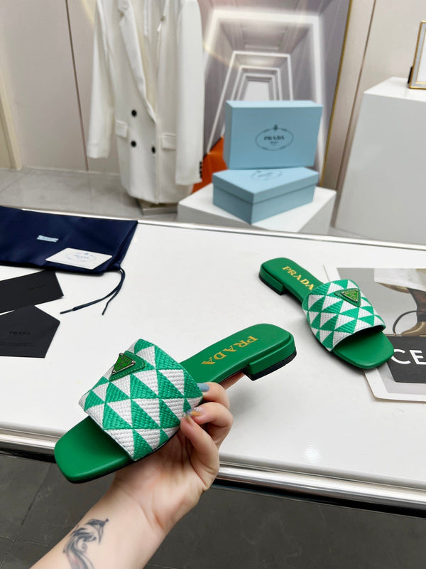 Prad 26s Enameled Metal Triangle Printed Slides Green Leather Cotton 986592