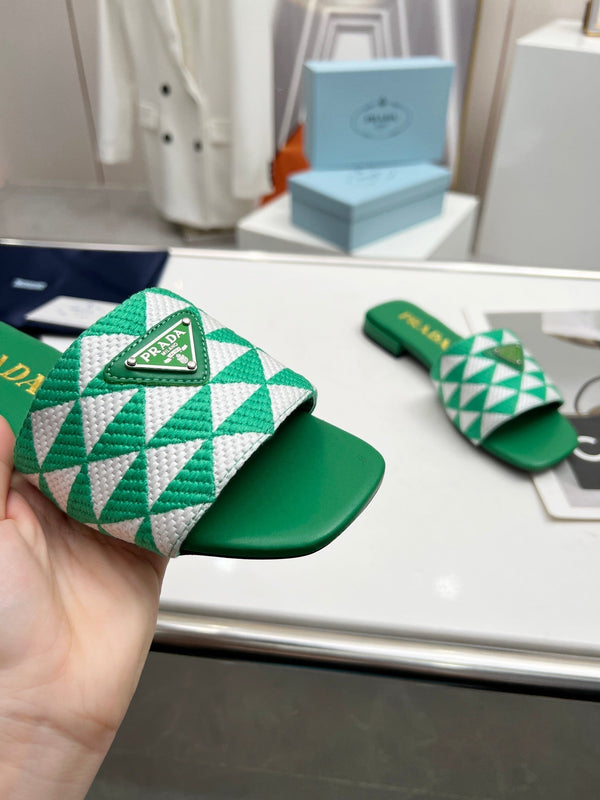 Prad 26s Enameled Metal Triangle Printed Slides Green Leather Cotton 986592
