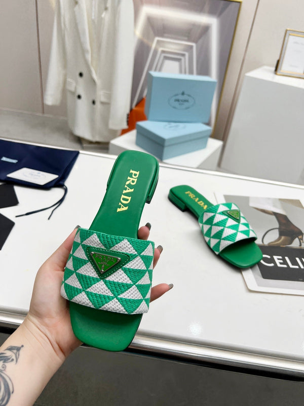 Prad 26s Enameled Metal Triangle Printed Slides Green Leather Cotton 986592