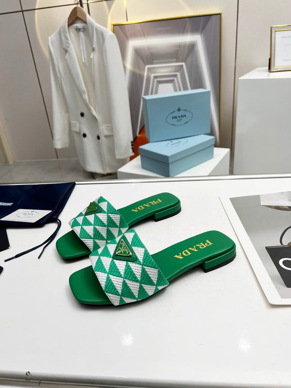 Prad 26s Enameled Metal Triangle Printed Slides Green Leather Cotton 986592