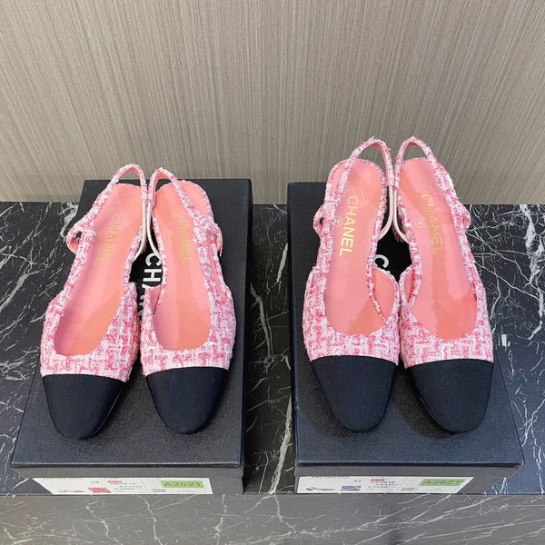CC Slingbacks Light Pink Mix White Tweed Black Grosgrain 399331
