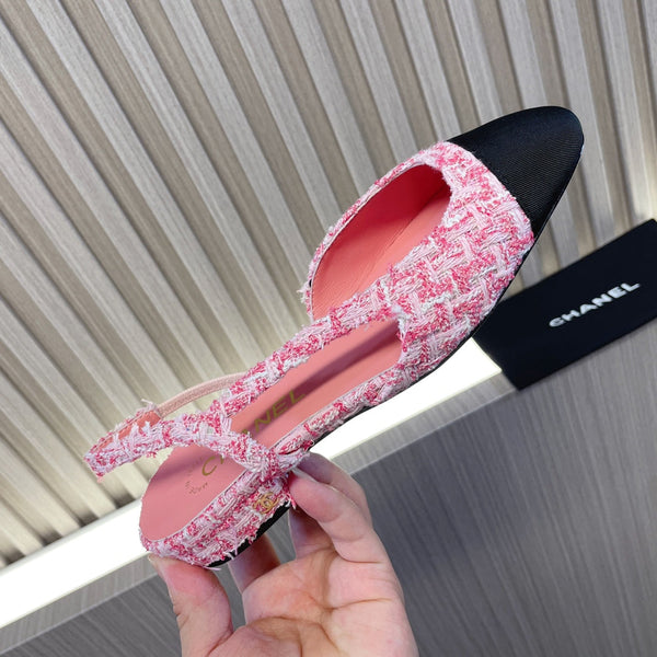 CC Slingbacks Light Pink Mix White Tweed Black Grosgrain 399331