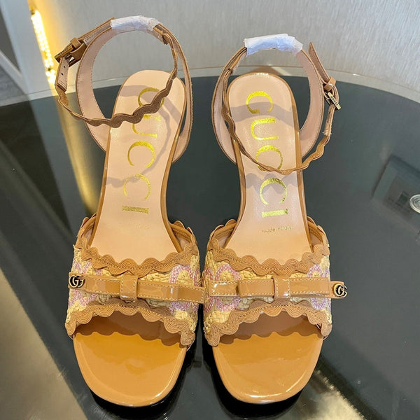 GG Kertu Heel Sandals 8cm Beige Raffia Leather 695682