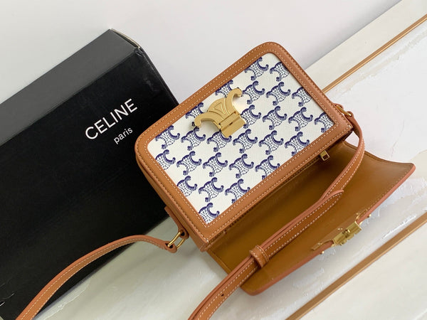 TEEN TRIOMPHE 18.5 WHITE BLUE MONOGRAM CANVAS BROWN CALFSKIN