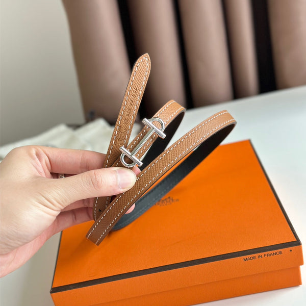 HM GAMMA BUCKLE & REVERSIBLE BRONZE BROWN AND BLACK LEATHER STRAP 13MM SILVER HARDWARE
