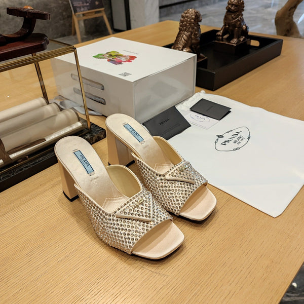 Prada 26S Open-Toe Crystal-Embellished Mules 100mm in Beige Satin