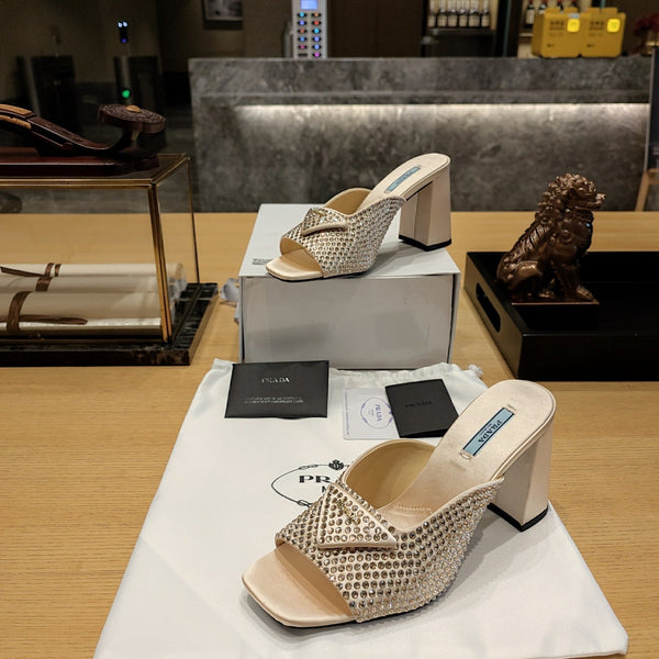 Prada 26S Open-Toe Crystal-Embellished Mules 100mm in Beige Satin