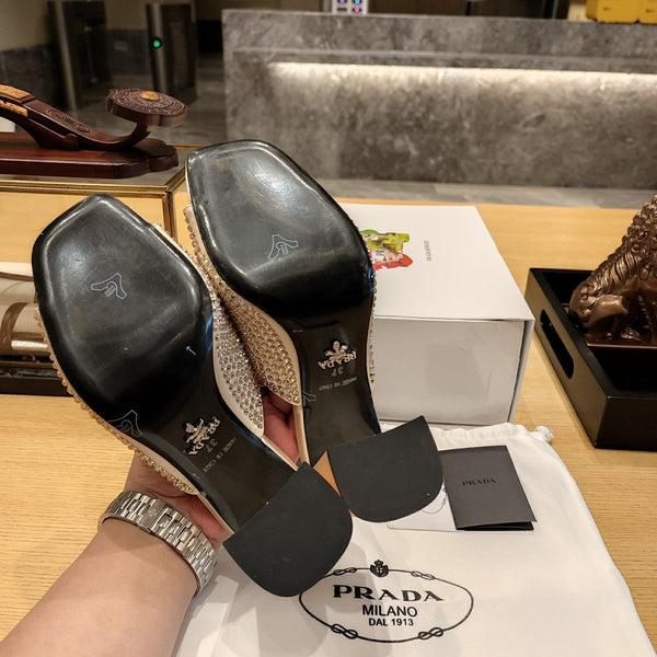 Prada 26S Open-Toe Crystal-Embellished Mules 100mm in Beige Satin