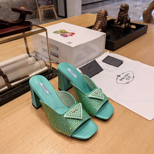 Prada 26S Open-Toe Crystal-Embellished Mules 100mm in Dark Green Satin